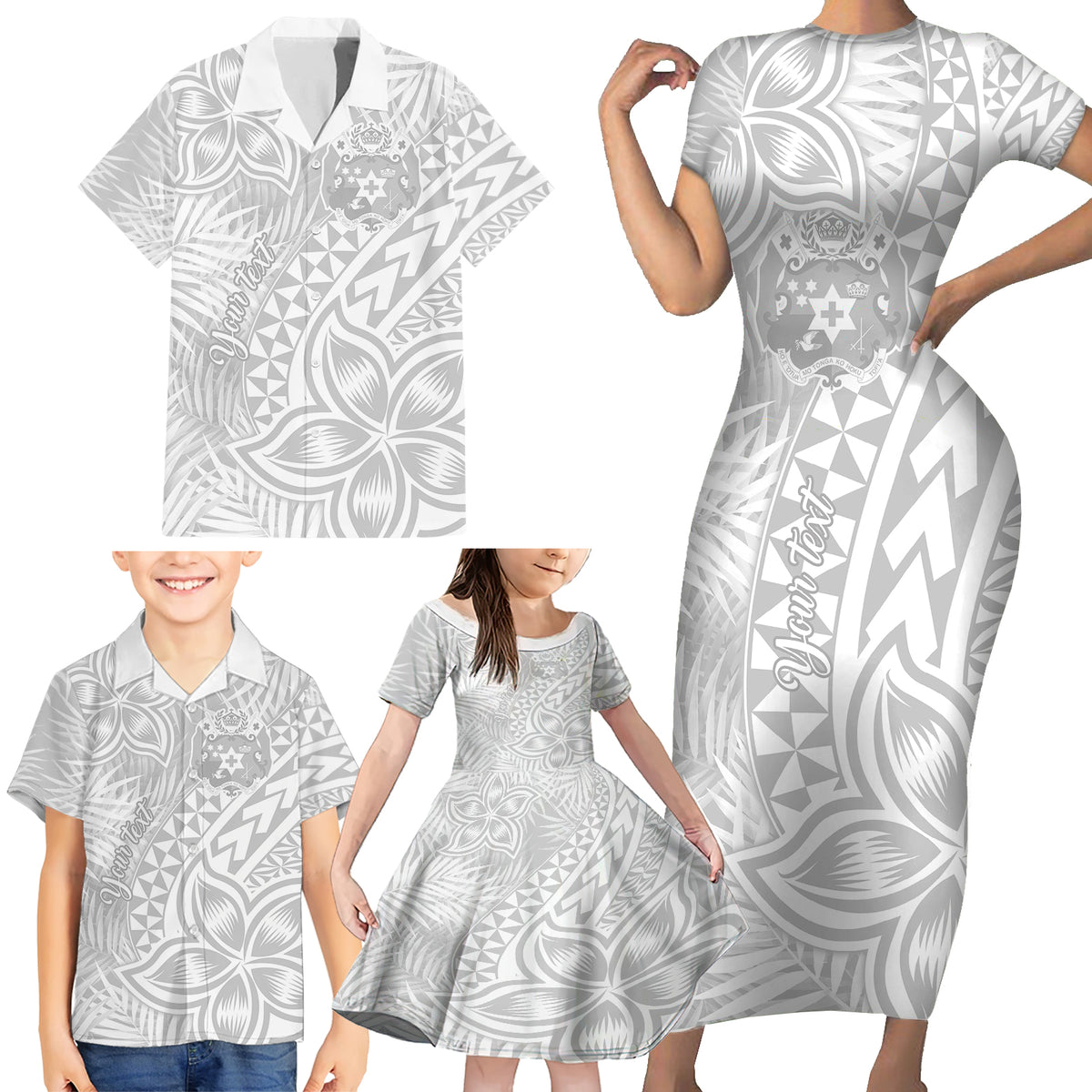 Personalised Tonga White Sunday Family Matching Short Sleeve Bodycon Dress and Hawaiian Shirt Tropical Plant With Polynesian Pattern - Wonder Print Shop