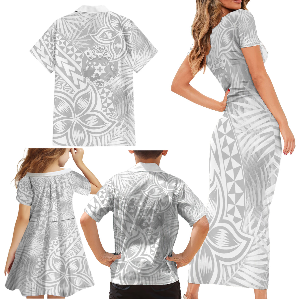 Personalised Tonga White Sunday Family Matching Short Sleeve Bodycon Dress and Hawaiian Shirt Tropical Plant With Polynesian Pattern - Wonder Print Shop