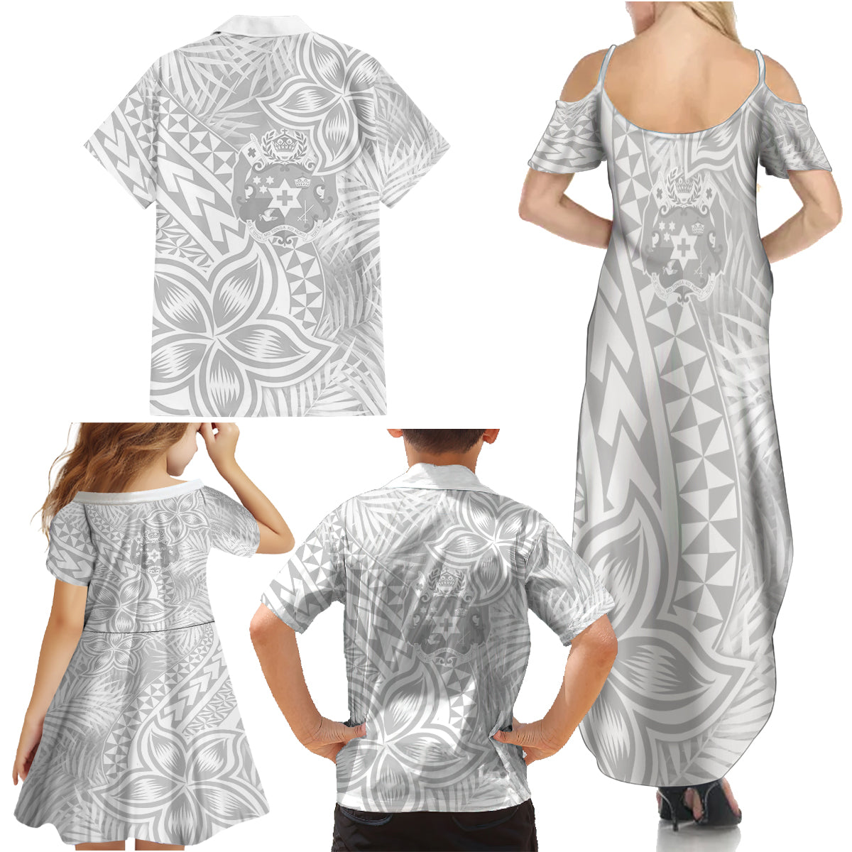 Personalised Tonga White Sunday Family Matching Summer Maxi Dress and Hawaiian Shirt Tropical Plant With Polynesian Pattern - Wonder Print Shop