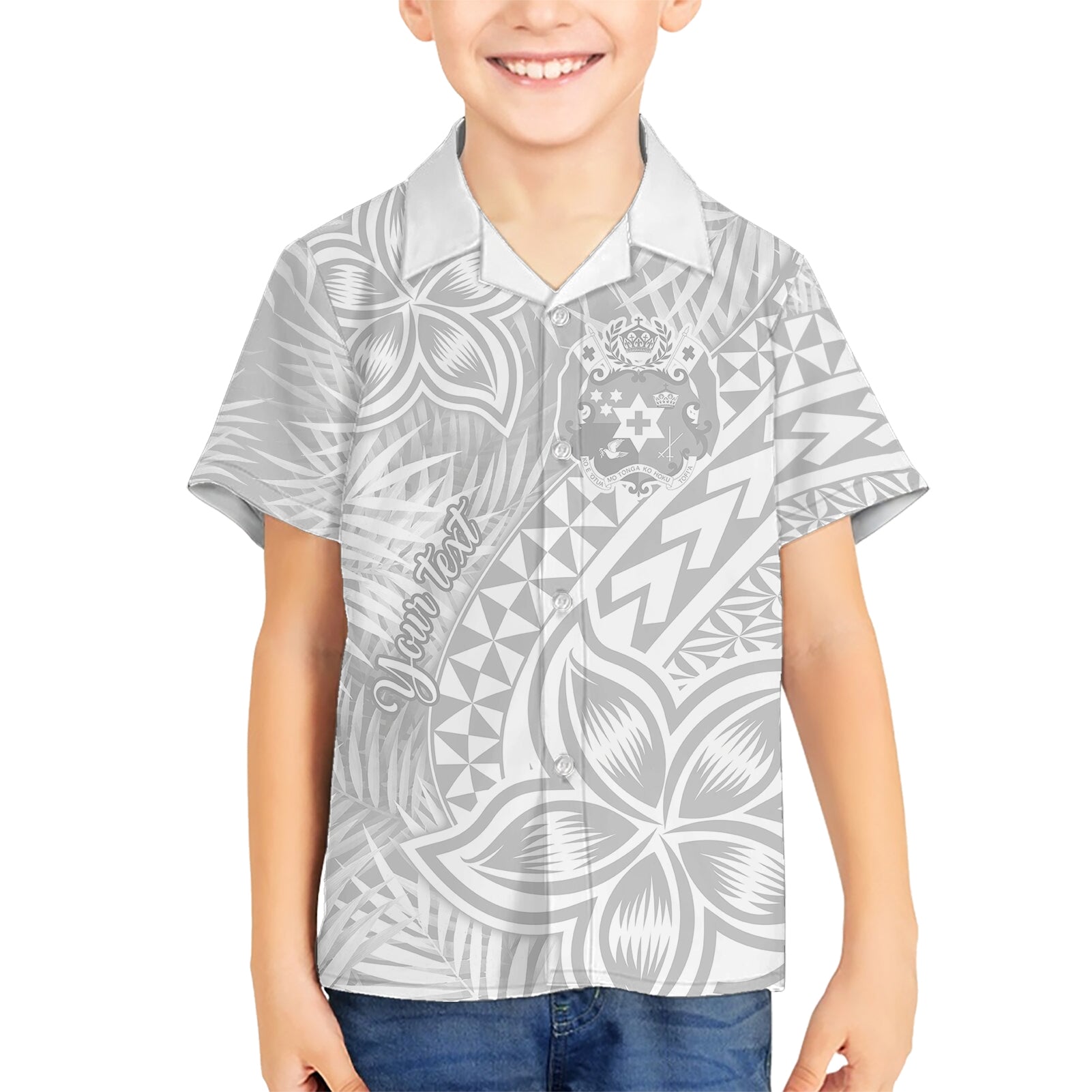 Personalised Tonga White Sunday Kid Hawaiian Shirt Tropical Plant With Polynesian Pattern - Wonder Print Shop