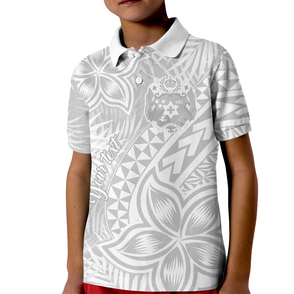 Personalised Tonga White Sunday Kid Polo Shirt Tropical Plant With Polynesian Pattern - Wonder Print Shop