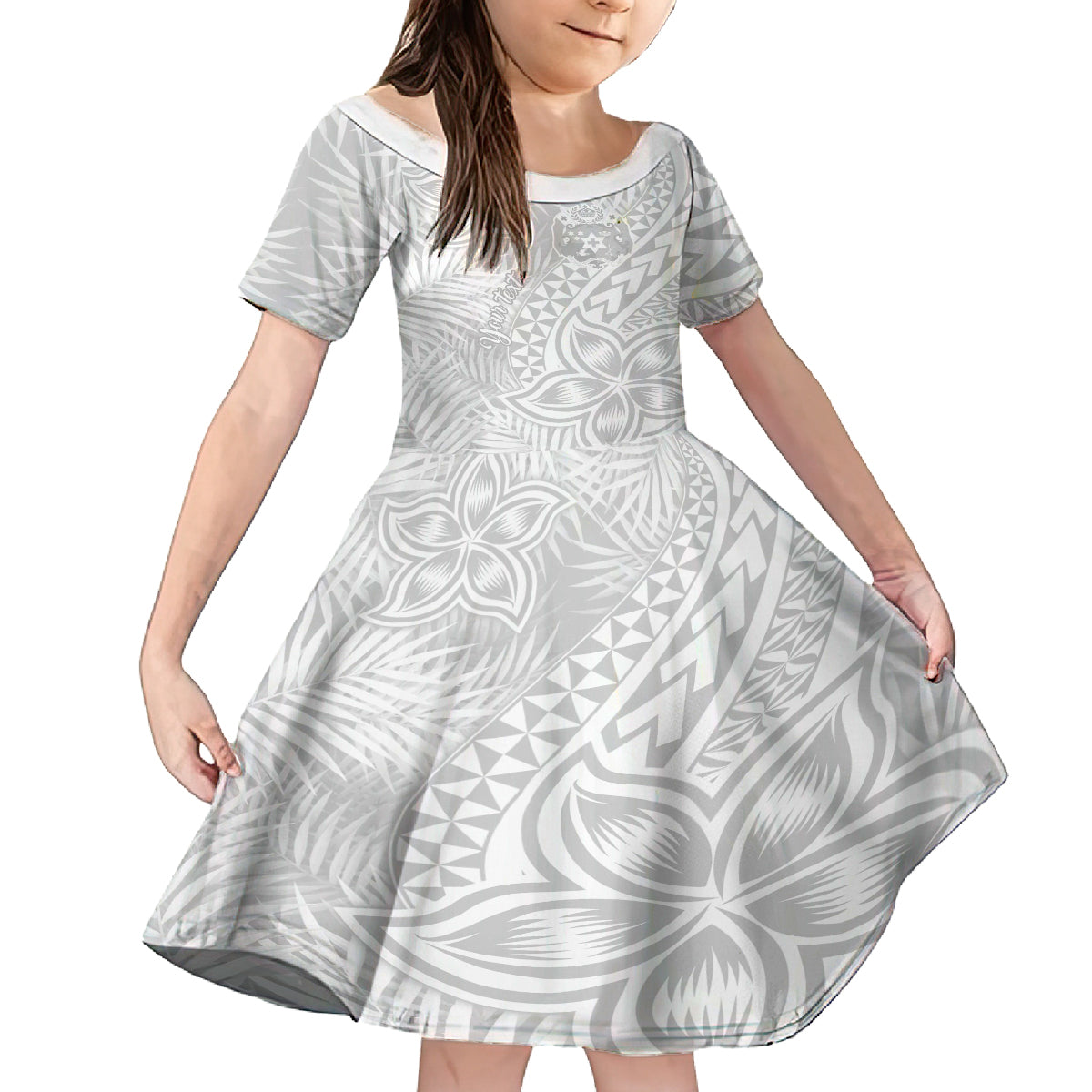 Personalised Tonga White Sunday Kid Short Sleeve Dress Tropical Plant With Polynesian Pattern - Wonder Print Shop