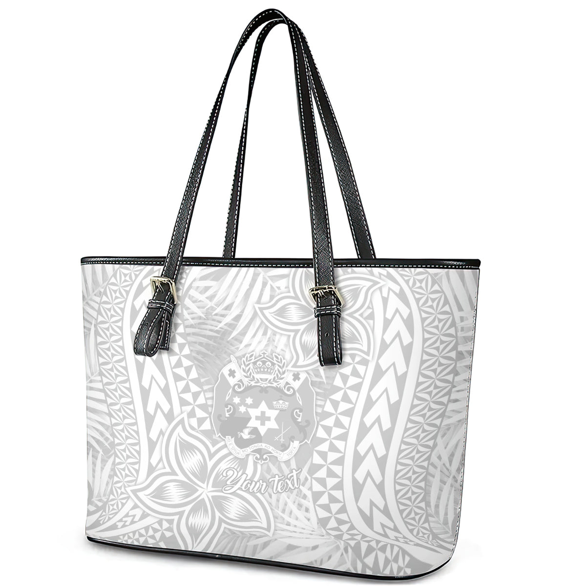 Personalised Tonga White Sunday Leather Tote Bag Tropical Plant With Polynesian Pattern - Wonder Print Shop