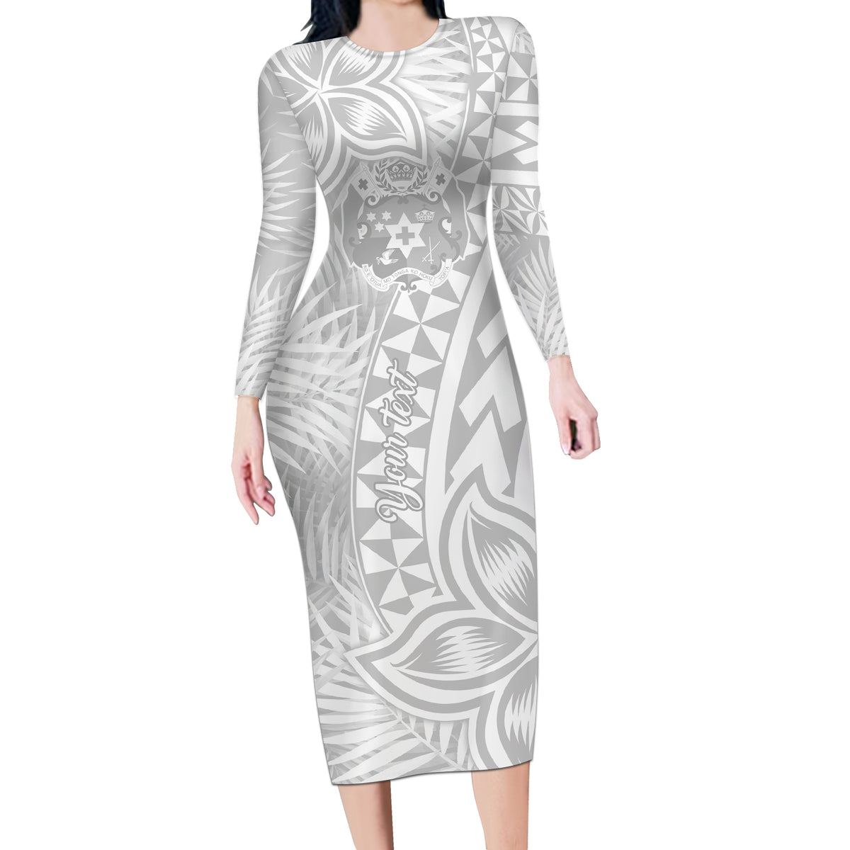 Personalised Tonga White Sunday Long Sleeve Bodycon Dress Tropical Plant With Polynesian Pattern - Wonder Print Shop