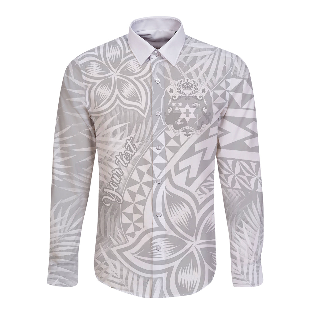 Personalised Tonga White Sunday Long Sleeve Button Shirt Tropical Plant With Polynesian Pattern - Wonder Print Shop