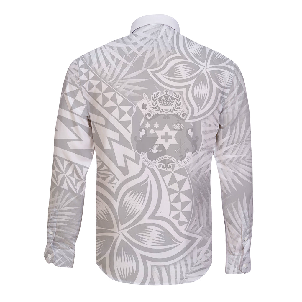 Personalised Tonga White Sunday Long Sleeve Button Shirt Tropical Plant With Polynesian Pattern - Wonder Print Shop