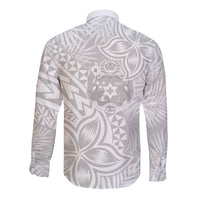Personalised Tonga White Sunday Long Sleeve Button Shirt Tropical Plant With Polynesian Pattern - Wonder Print Shop
