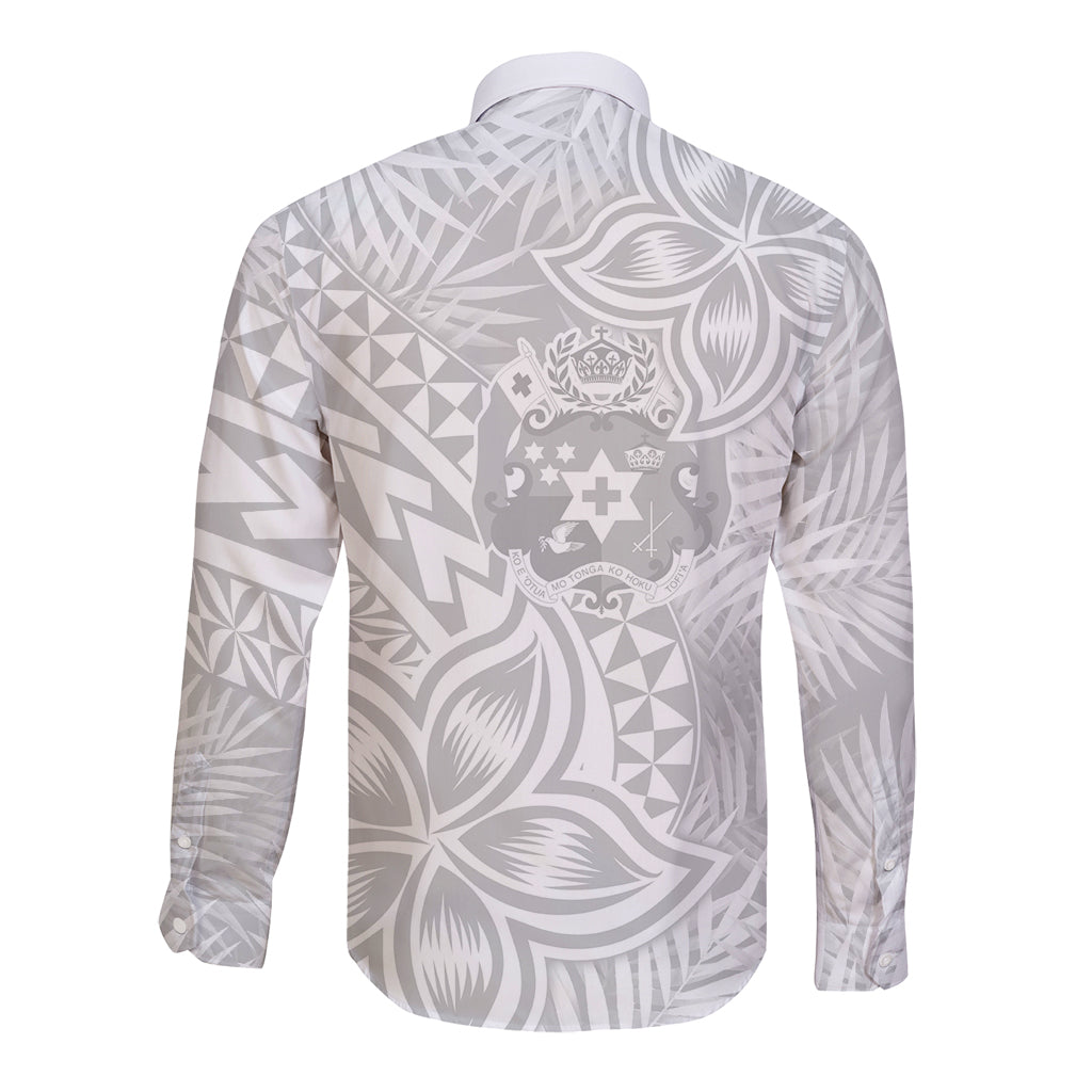 Personalised Tonga White Sunday Long Sleeve Button Shirt Tropical Plant With Polynesian Pattern - Wonder Print Shop
