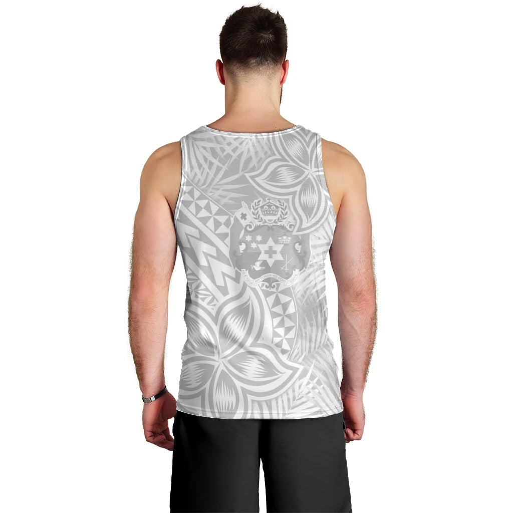 Personalised Tonga White Sunday Men Tank Top Tropical Plant With Polynesian Pattern - Wonder Print Shop