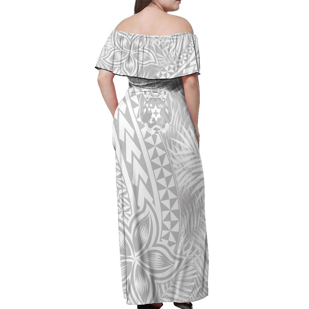 Personalised Tonga White Sunday Off Shoulder Maxi Dress Tropical Plant With Polynesian Pattern - Wonder Print Shop
