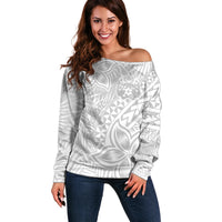 Personalised Tonga White Sunday Off Shoulder Sweater Tropical Plant With Polynesian Pattern - Wonder Print Shop