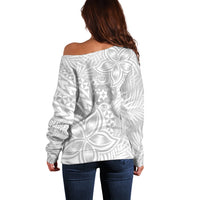 Personalised Tonga White Sunday Off Shoulder Sweater Tropical Plant With Polynesian Pattern - Wonder Print Shop