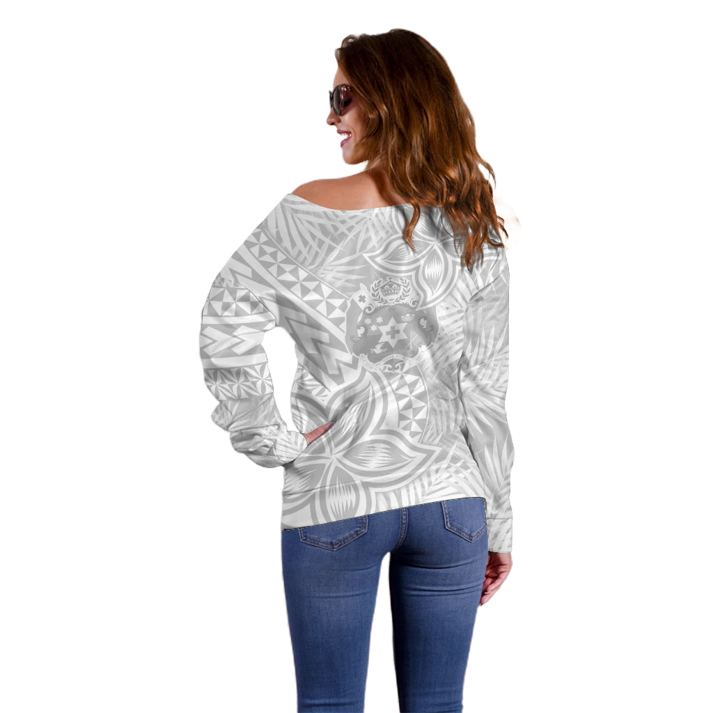 Personalised Tonga White Sunday Off Shoulder Sweater Tropical Plant With Polynesian Pattern - Wonder Print Shop