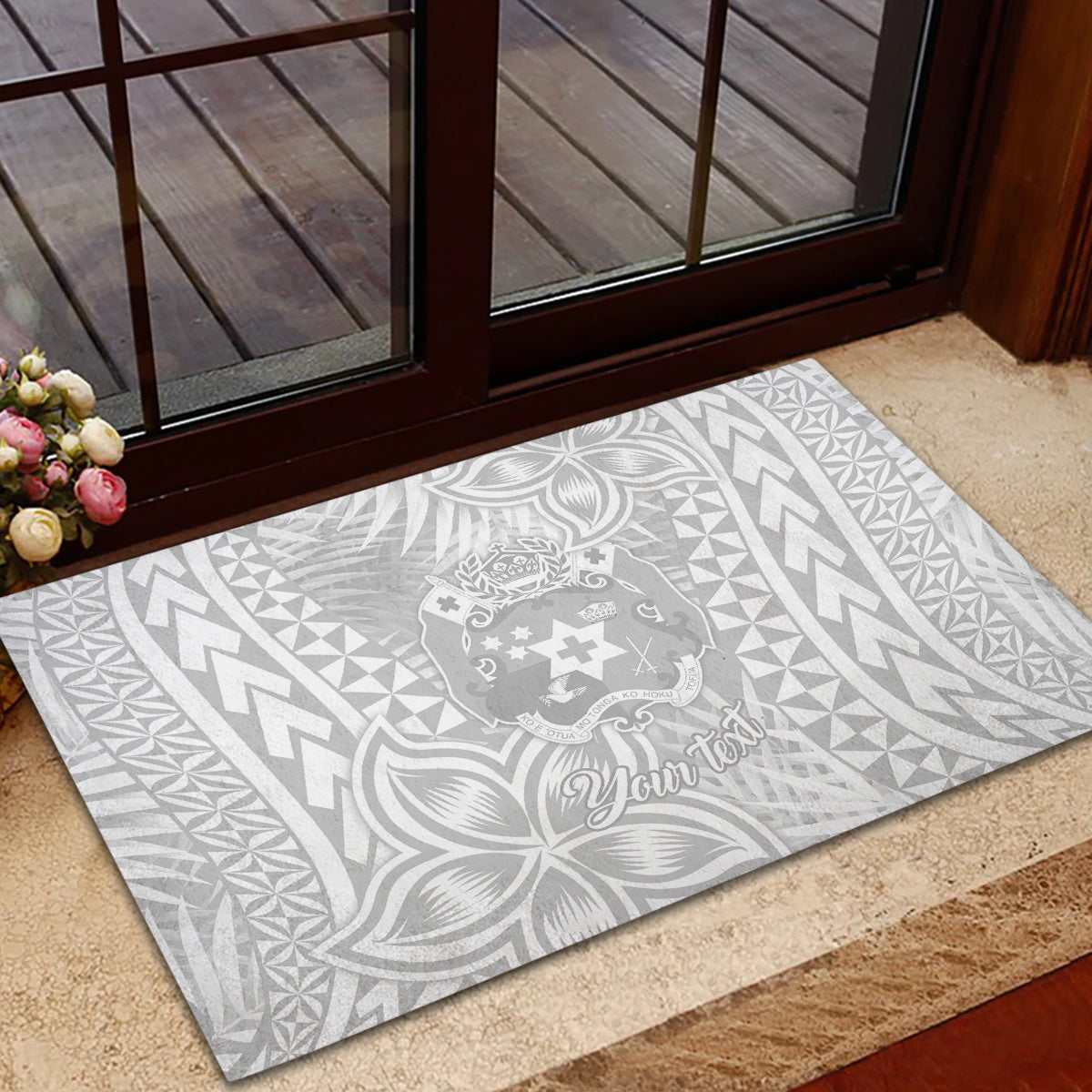Personalised Tonga White Sunday Rubber Doormat Tropical Plant With Polynesian Pattern - Wonder Print Shop