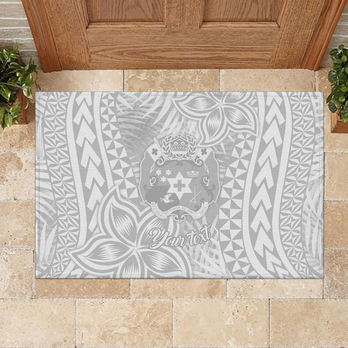 Personalised Tonga White Sunday Rubber Doormat Tropical Plant With Polynesian Pattern - Wonder Print Shop