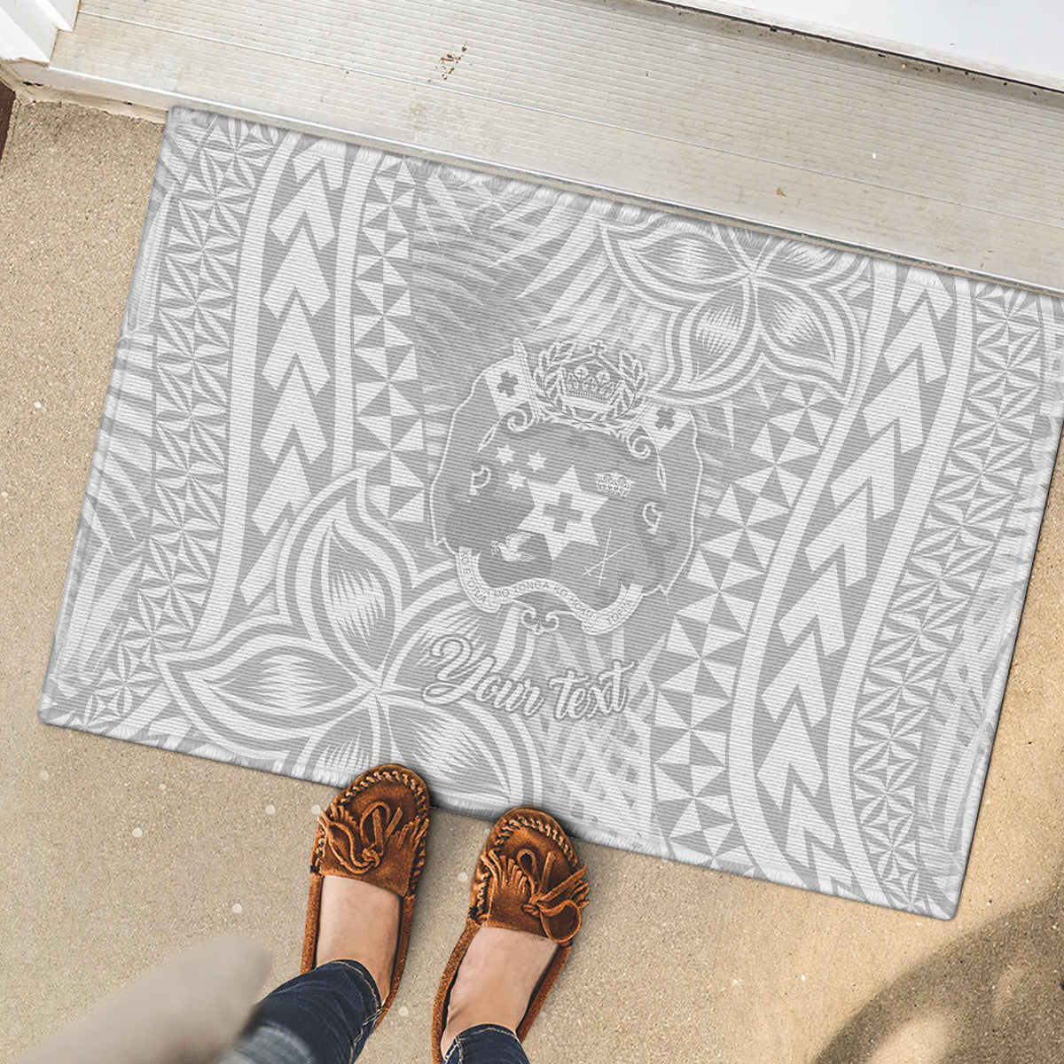 Personalised Tonga White Sunday Rubber Doormat Tropical Plant With Polynesian Pattern - Wonder Print Shop
