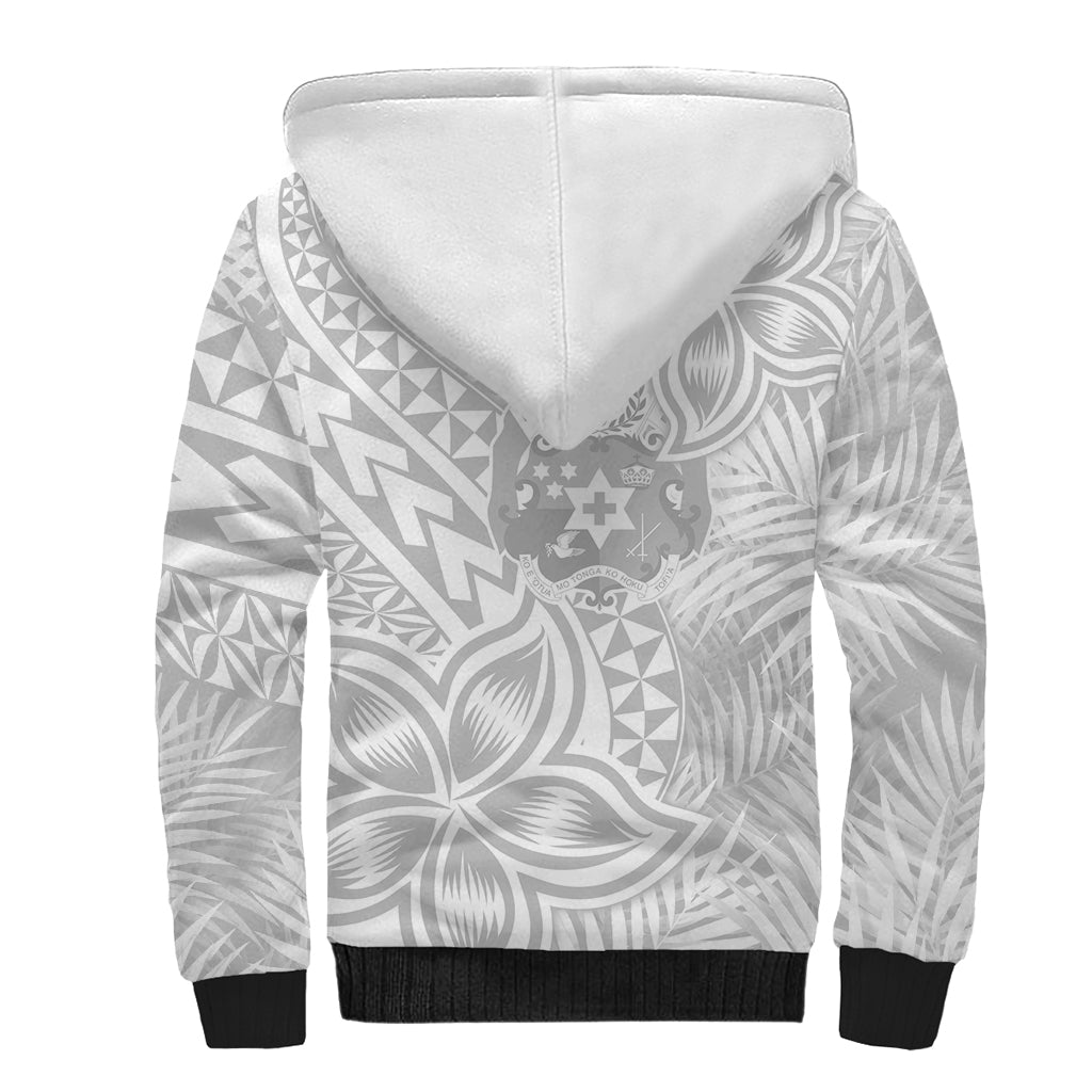 Personalised Tonga White Sunday Sherpa Hoodie Tropical Plant With Polynesian Pattern - Wonder Print Shop