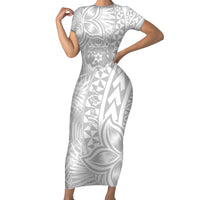 Personalised Tonga White Sunday Short Sleeve Bodycon Dress Tropical Plant With Polynesian Pattern - Wonder Print Shop