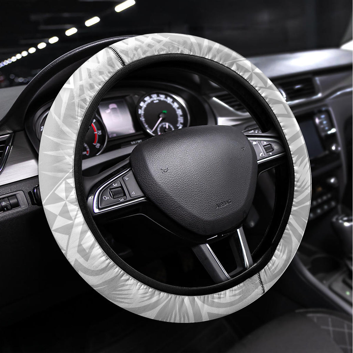 Tonga White Sunday Steering Wheel Cover Tropical Plant With Polynesian Pattern - Wonder Print Shop