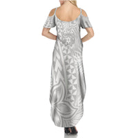 Personalised Tonga White Sunday Summer Maxi Dress Tropical Plant With Polynesian Pattern - Wonder Print Shop