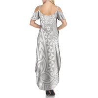 Personalised Tonga White Sunday Summer Maxi Dress Tropical Plant With Polynesian Pattern - Wonder Print Shop