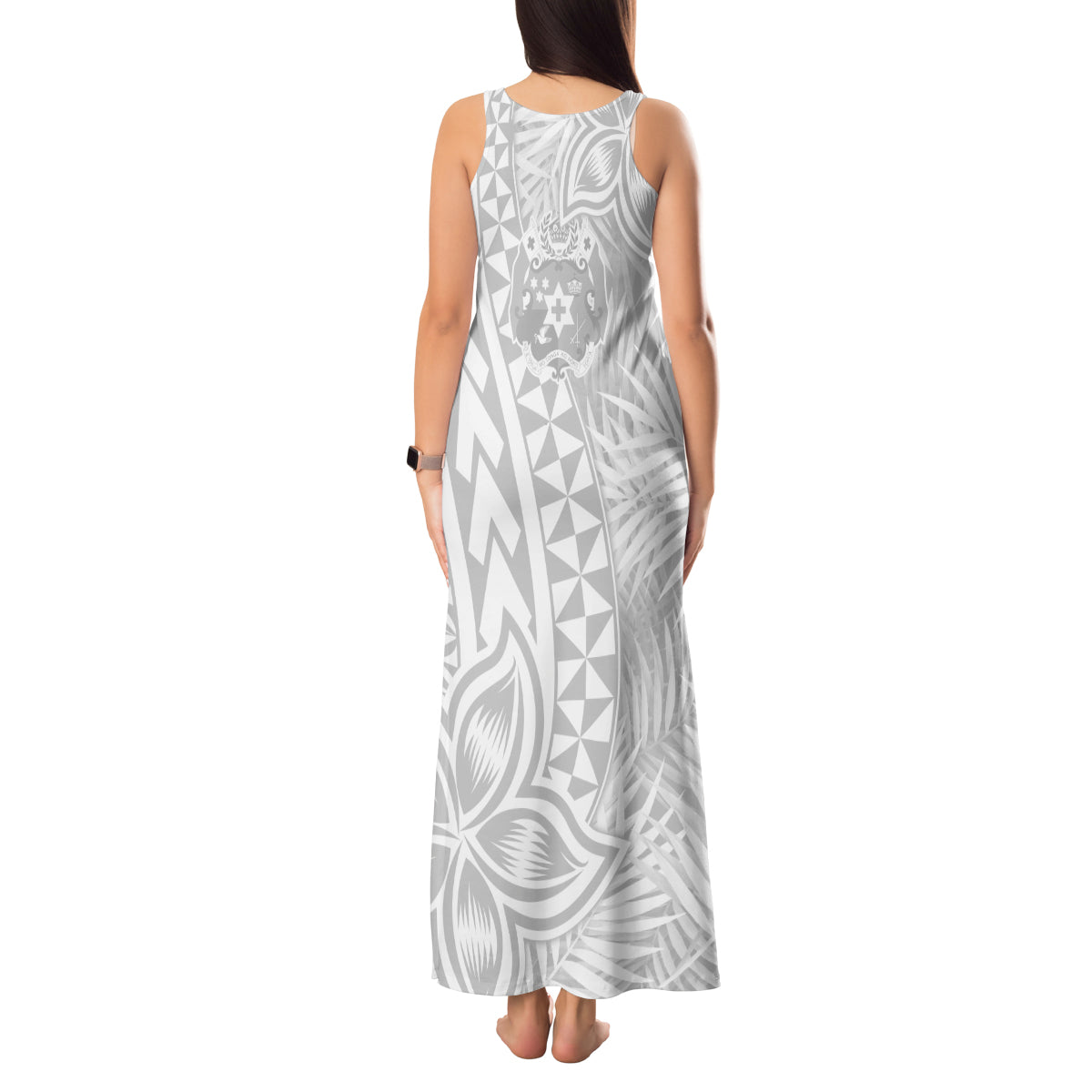 Personalised Tonga White Sunday Tank Maxi Dress Tropical Plant With Polynesian Pattern - Wonder Print Shop
