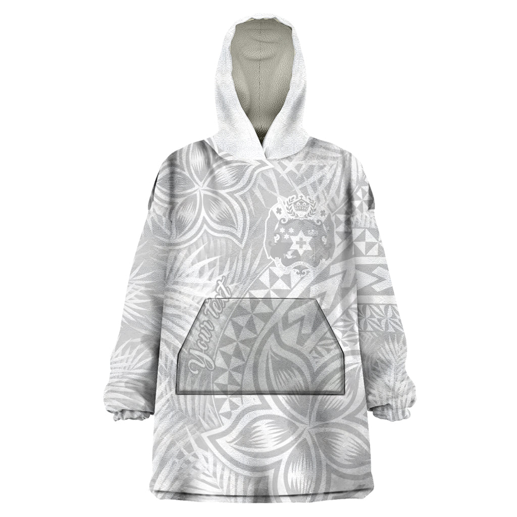 Personalised Tonga White Sunday Wearable Blanket Hoodie Tropical Plant With Polynesian Pattern - Wonder Print Shop