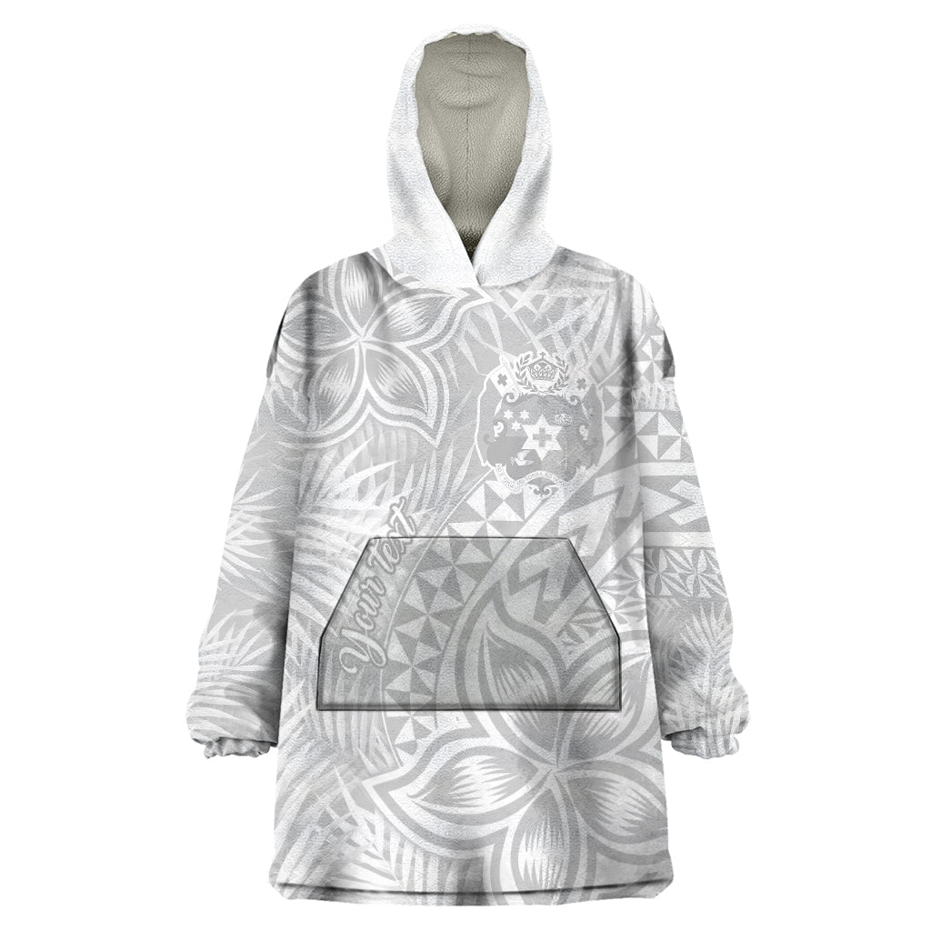 Personalised Tonga White Sunday Wearable Blanket Hoodie Tropical Plant With Polynesian Pattern - Wonder Print Shop