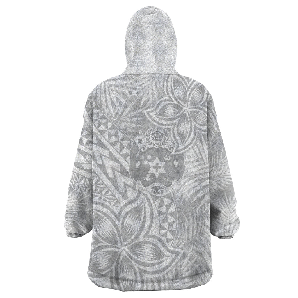 Personalised Tonga White Sunday Wearable Blanket Hoodie Tropical Plant With Polynesian Pattern - Wonder Print Shop