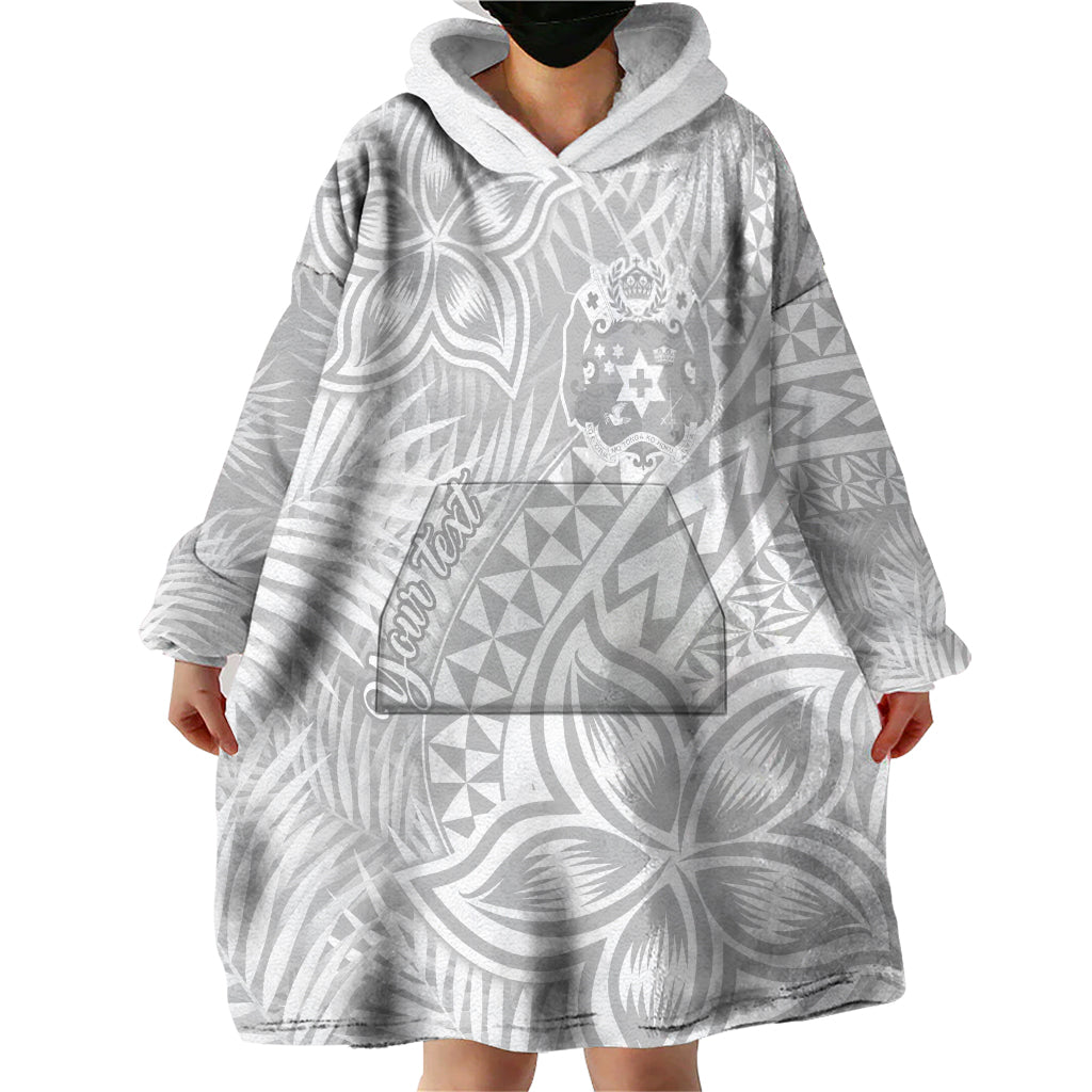 Personalised Tonga White Sunday Wearable Blanket Hoodie Tropical Plant With Polynesian Pattern - Wonder Print Shop
