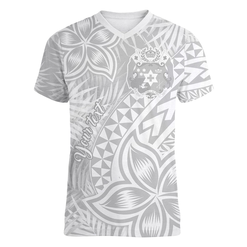 Personalised Tonga White Sunday Women V Neck T Shirt Tropical Plant With Polynesian Pattern - Wonder Print Shop