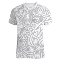 Personalised Tonga White Sunday Women V Neck T Shirt Tropical Plant With Polynesian Pattern - Wonder Print Shop
