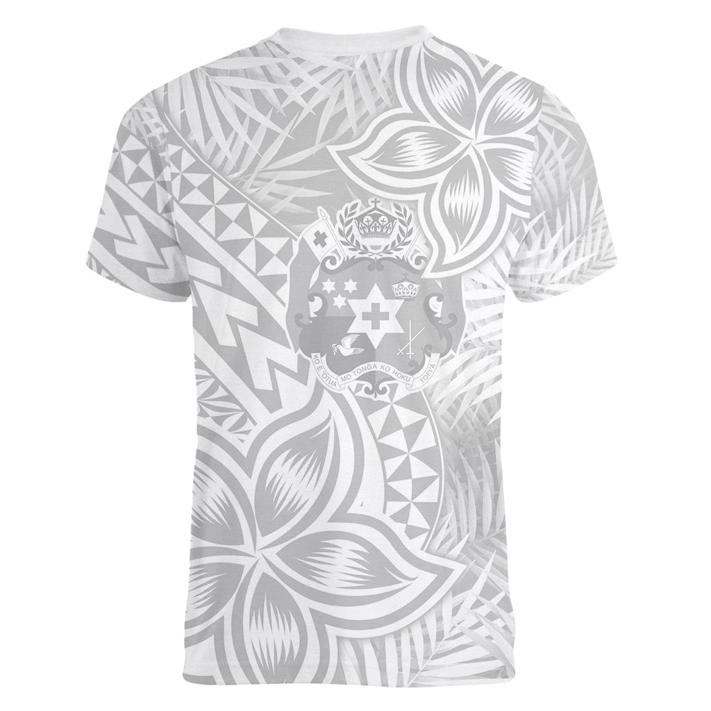 Personalised Tonga White Sunday Women V Neck T Shirt Tropical Plant With Polynesian Pattern - Wonder Print Shop