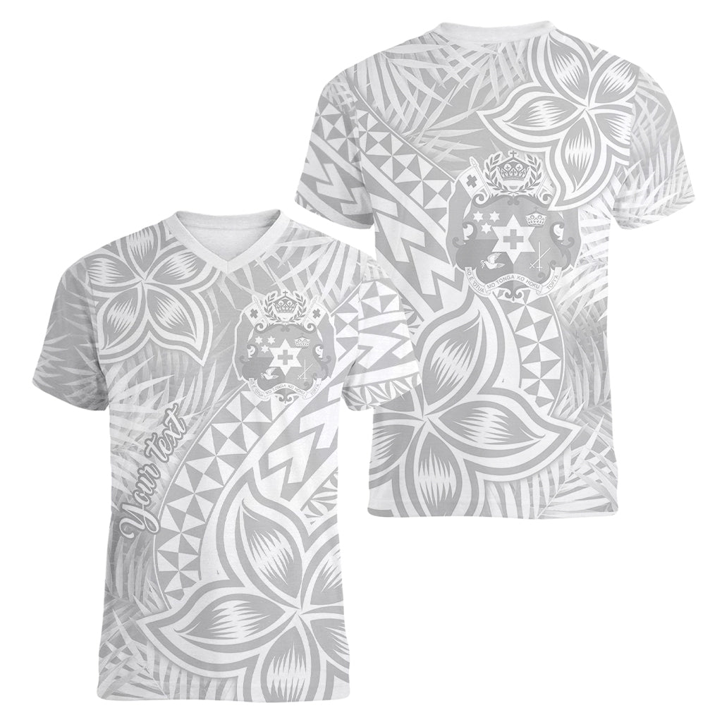 Personalised Tonga White Sunday Women V Neck T Shirt Tropical Plant With Polynesian Pattern - Wonder Print Shop