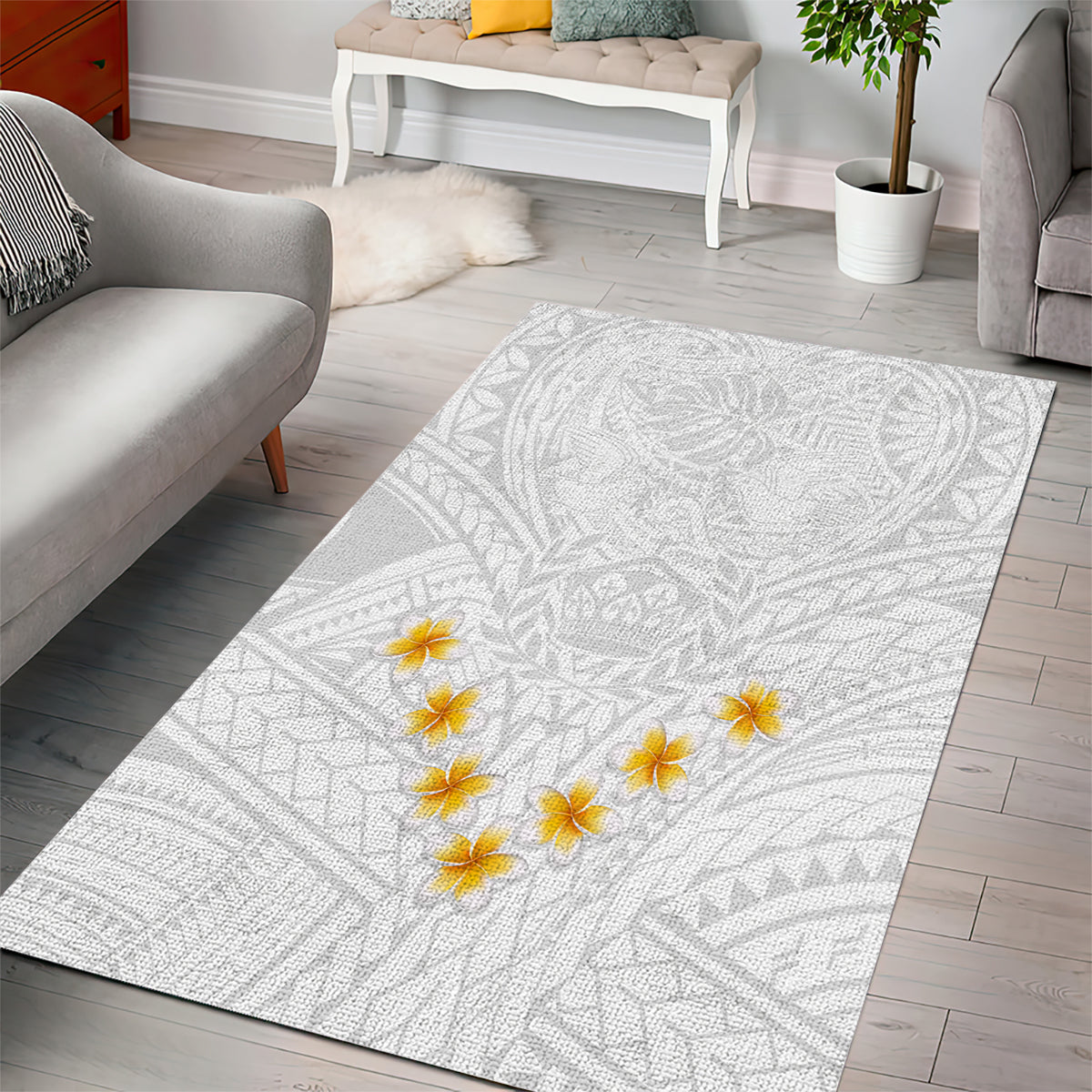 Tonga White Sunday Area Rug Polynesian Plumeria Tribal Simple LT9 - Wonder Print Shop