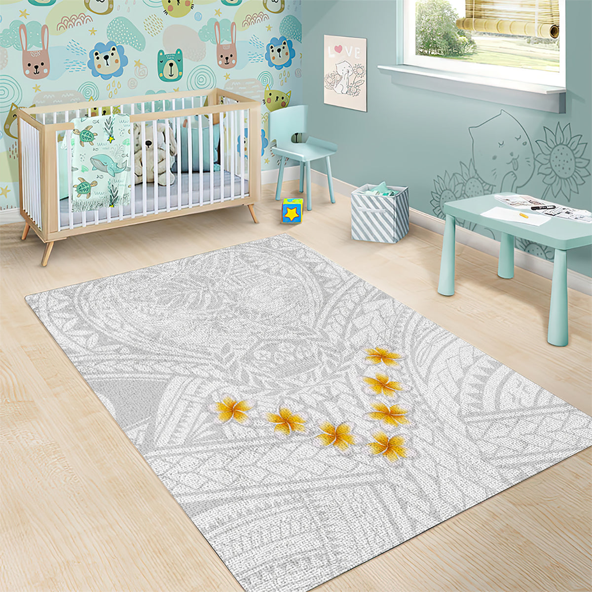 Tonga White Sunday Area Rug Polynesian Plumeria Tribal Simple LT9 - Wonder Print Shop