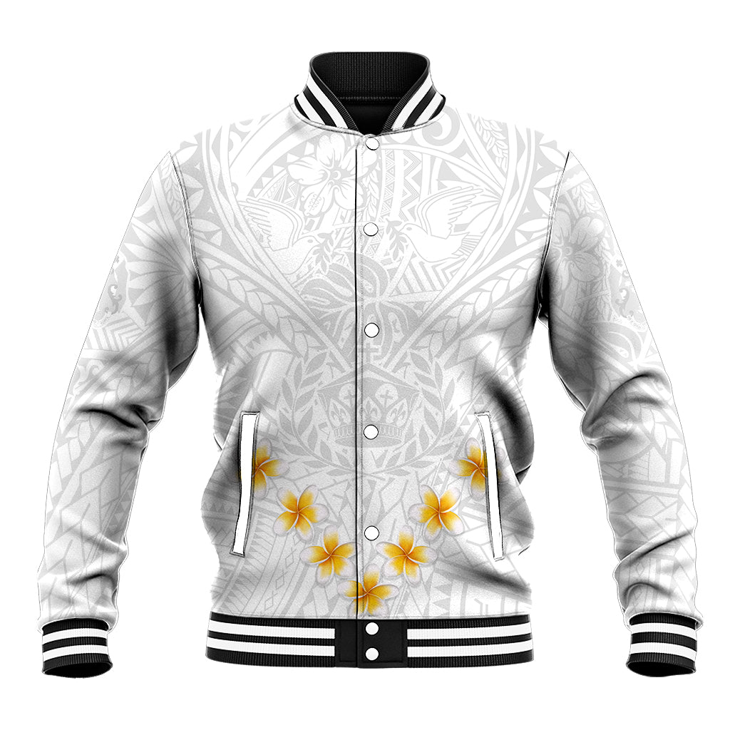 Tonga White Sunday Baseball Jacket Polynesian Plumeria Tribal Simple LT9 - Wonder Print Shop