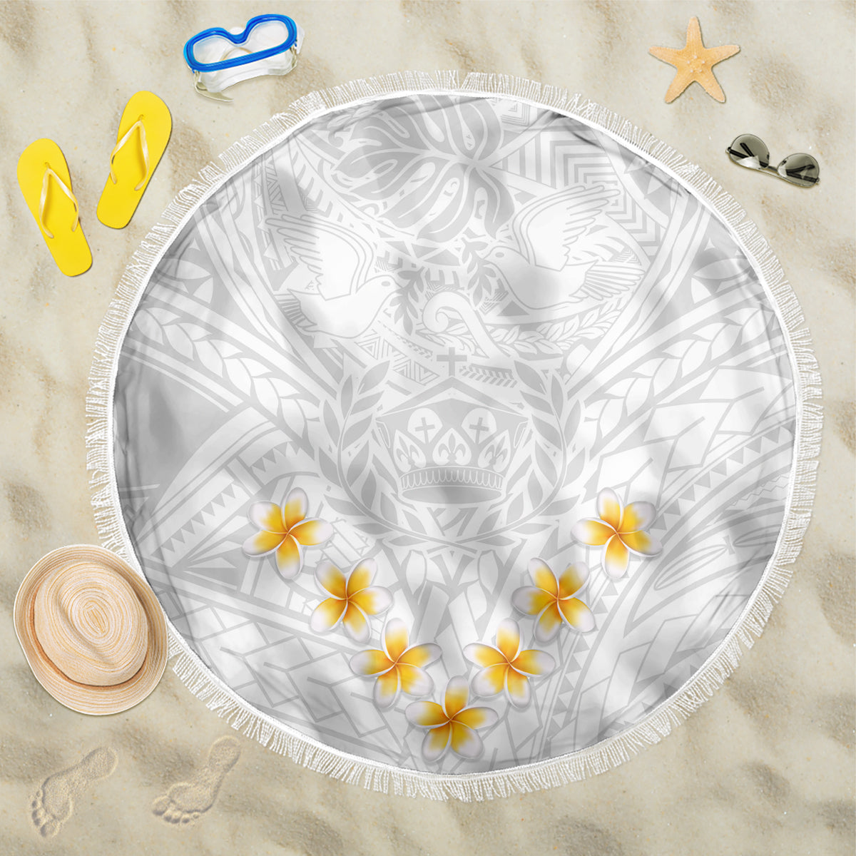 Tonga White Sunday Beach Blanket Polynesian Plumeria Tribal Simple LT9 - Wonder Print Shop