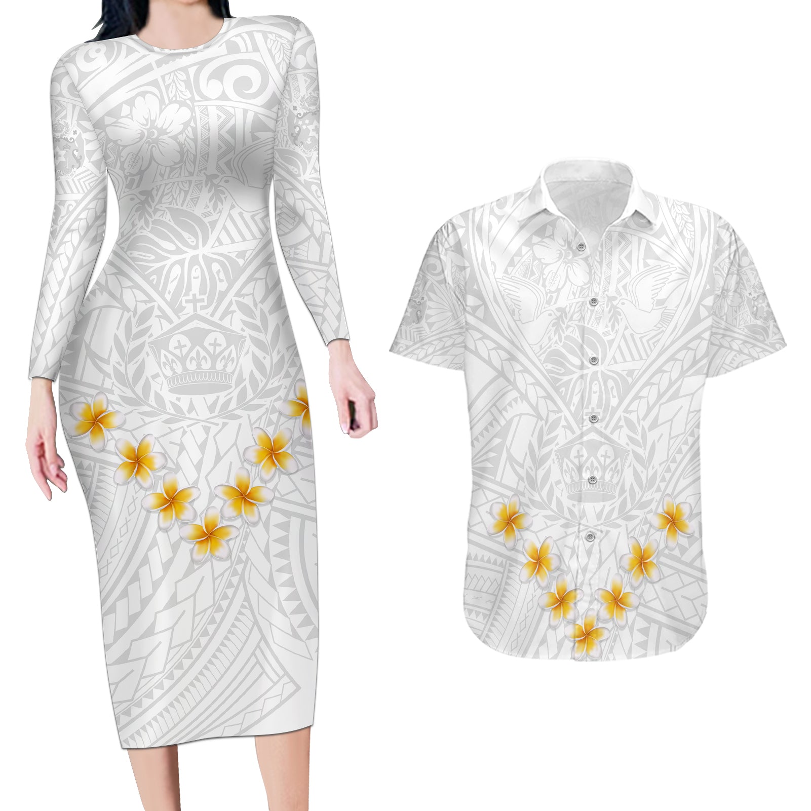 Tonga White Sunday Couples Matching Long Sleeve Bodycon Dress and Hawaiian Shirt Polynesian Plumeria Tribal Simple LT9 - Wonder Print Shop