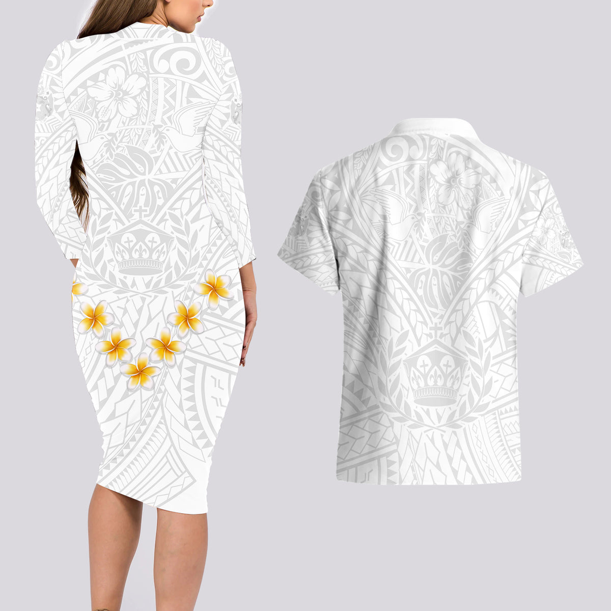 Tonga White Sunday Couples Matching Long Sleeve Bodycon Dress and Hawaiian Shirt Polynesian Plumeria Tribal Simple LT9 - Wonder Print Shop