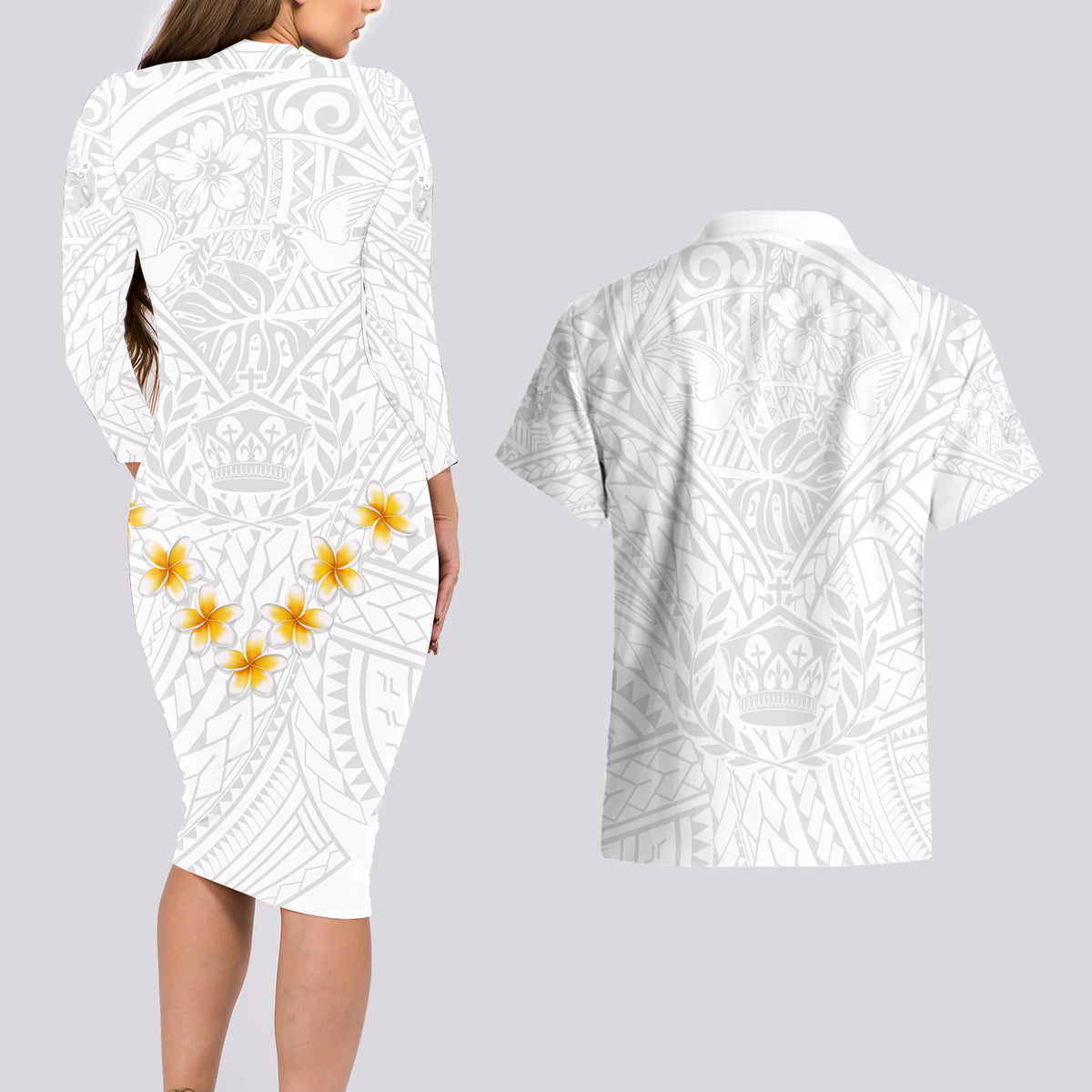 Tonga White Sunday Couples Matching Long Sleeve Bodycon Dress and Hawaiian Shirt Polynesian Plumeria Tribal Simple LT9 - Wonder Print Shop