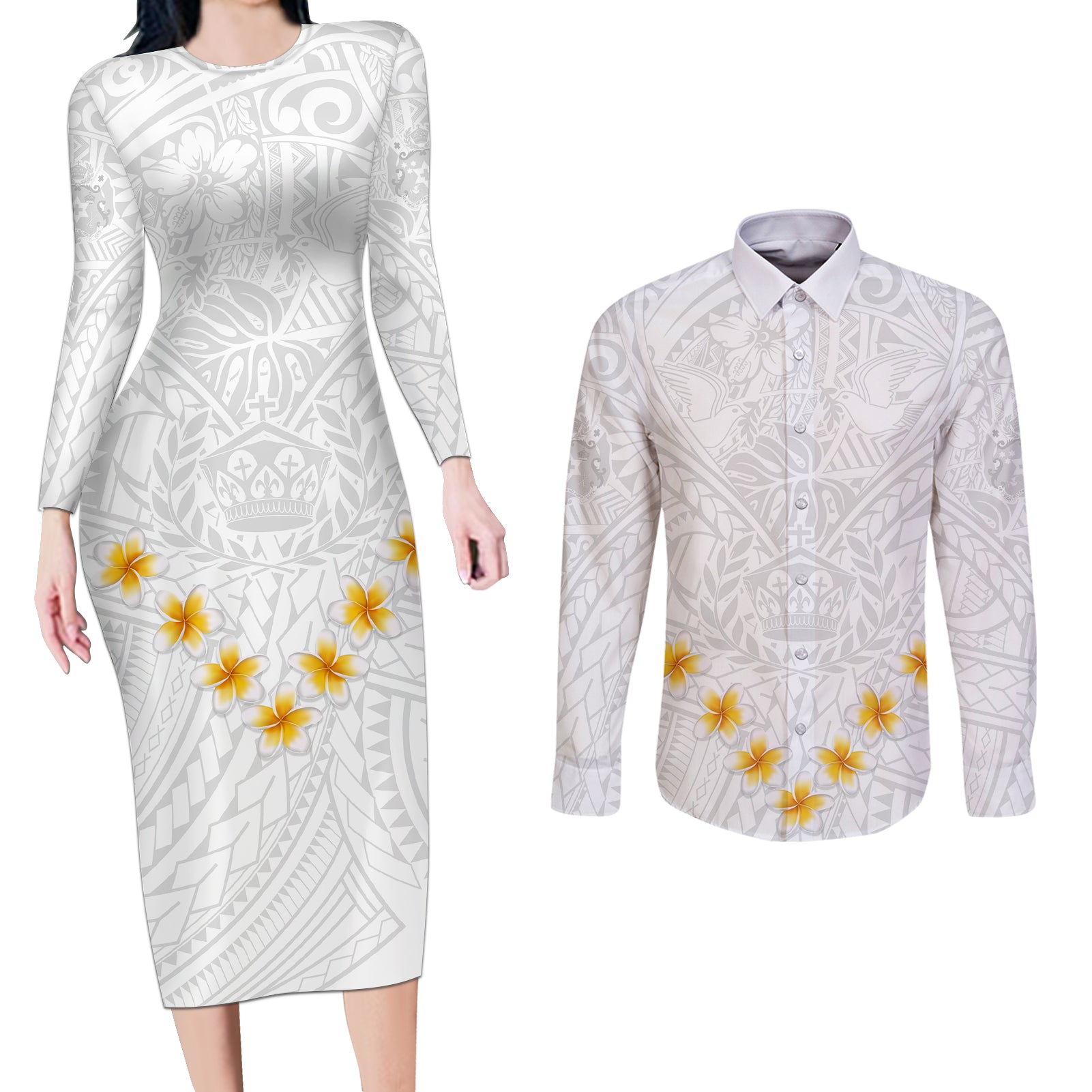 Tonga White Sunday Couples Matching Long Sleeve Bodycon Dress and Long Sleeve Button Shirts Polynesian Plumeria Tribal Simple LT9 - Wonder Print Shop