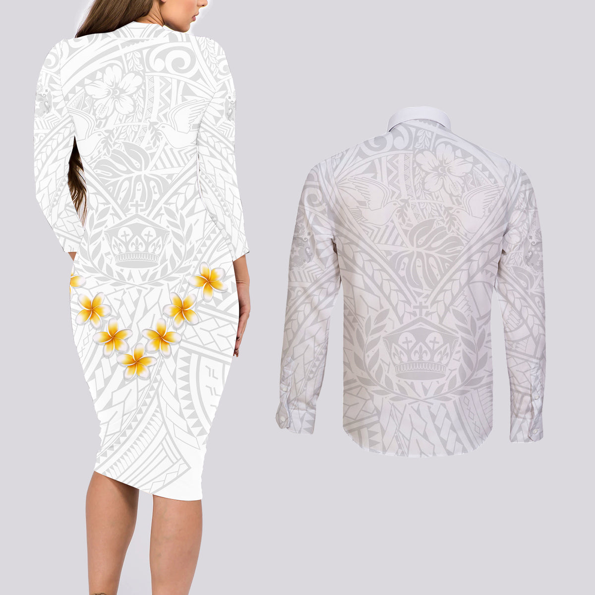 Tonga White Sunday Couples Matching Long Sleeve Bodycon Dress and Long Sleeve Button Shirts Polynesian Plumeria Tribal Simple LT9 - Wonder Print Shop