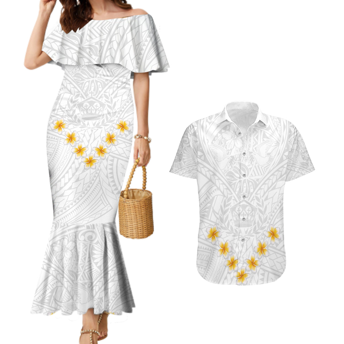 Tonga White Sunday Couples Matching Mermaid Dress and Hawaiian Shirt Polynesian Plumeria Tribal Simple LT9 - Wonder Print Shop