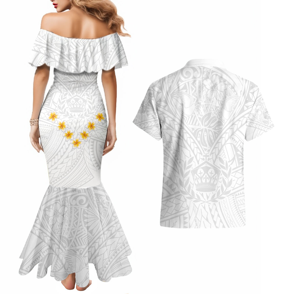 Tonga White Sunday Couples Matching Mermaid Dress and Hawaiian Shirt Polynesian Plumeria Tribal Simple LT9 - Wonder Print Shop