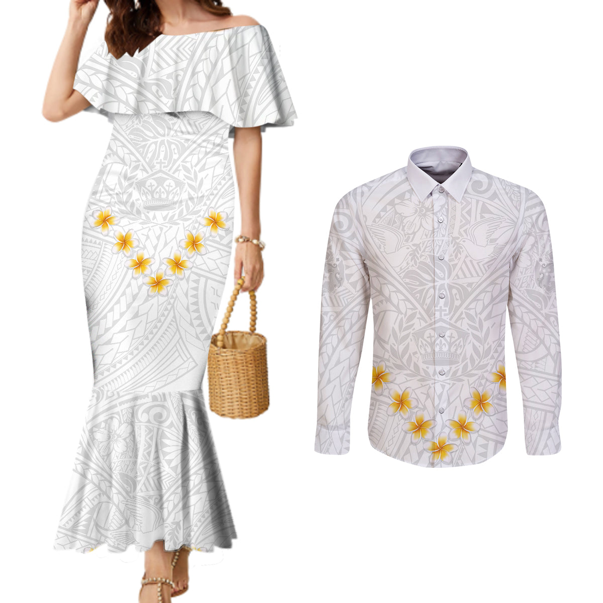 tonga-white-sunday-couples-matching-mermaid-dress-and-long-sleeve-button-shirts-polynesian-plumeria-tribal-simple