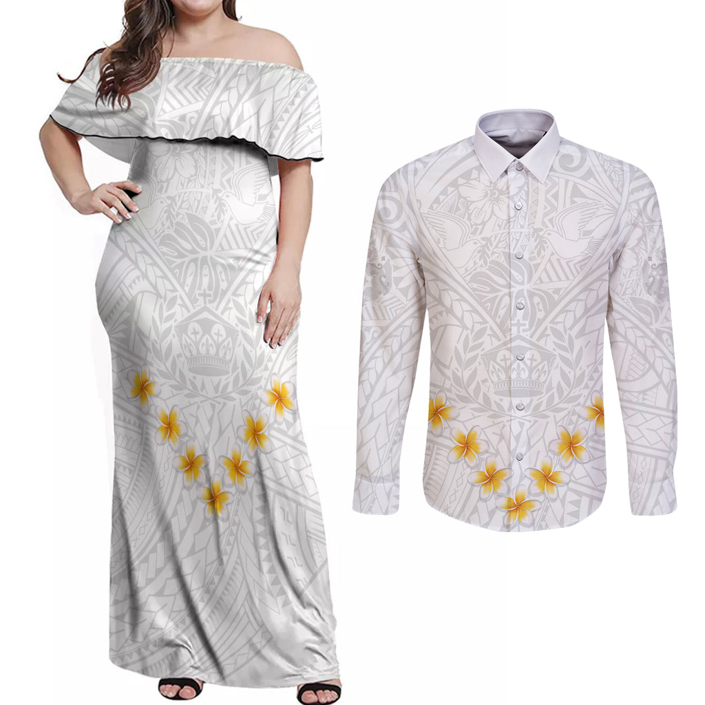 Tonga White Sunday Couples Matching Off Shoulder Maxi Dress and Long Sleeve Button Shirts Polynesian Plumeria Tribal Simple LT9 - Wonder Print Shop