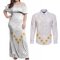 Tonga White Sunday Couples Matching Off Shoulder Maxi Dress and Long Sleeve Button Shirts Polynesian Plumeria Tribal Simple LT9 - Wonder Print Shop