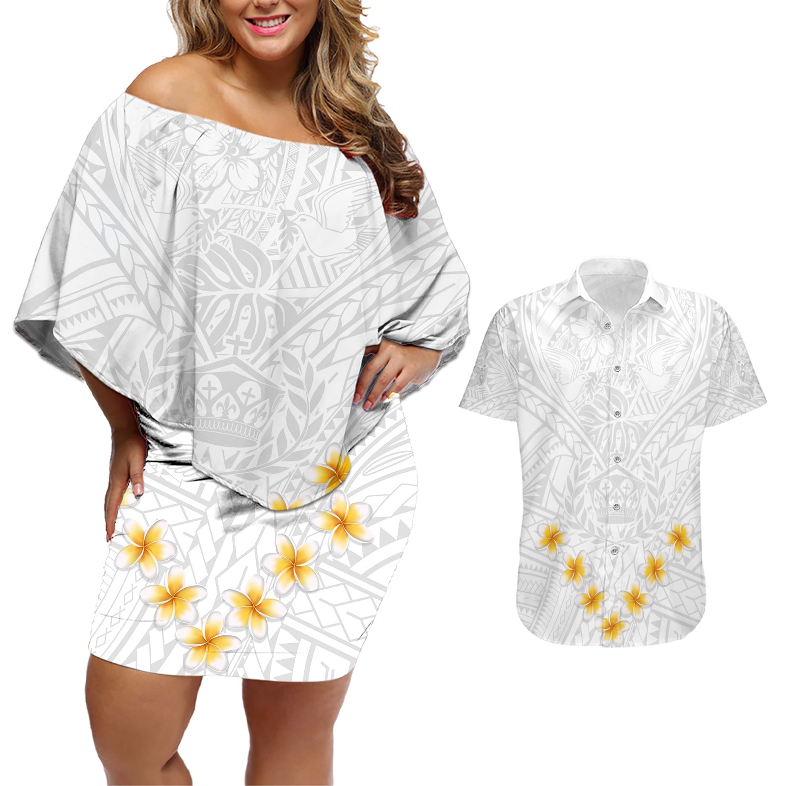 Tonga White Sunday Couples Matching Off Shoulder Short Dress and Hawaiian Shirt Polynesian Plumeria Tribal Simple LT9 - Wonder Print Shop