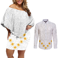 Tonga White Sunday Couples Matching Off Shoulder Short Dress and Long Sleeve Button Shirts Polynesian Plumeria Tribal Simple LT9 - Wonder Print Shop